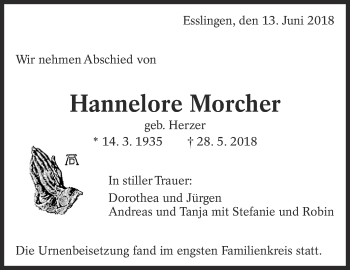 Traueranzeige von Hannelore Morcher von Eßlinger Zeitung/Cannstatter Zeitung