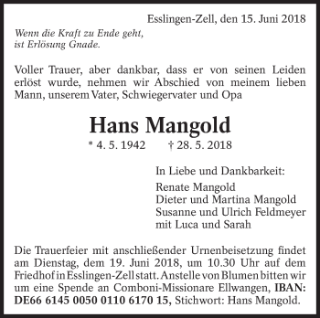 Traueranzeige von Hans Mangold von Eßlinger Zeitung/Cannstatter Zeitung