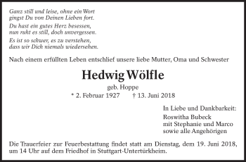 Traueranzeige von Hedwig Wölfle von Eßlinger Zeitung/Cannstatter Zeitung