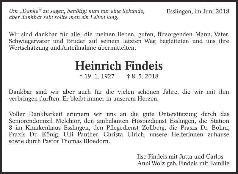  Traueranzeige für Heinrich Findeis vom 02.06.2018 aus Eßlinger Zeitung/Cannstatter Zeitung