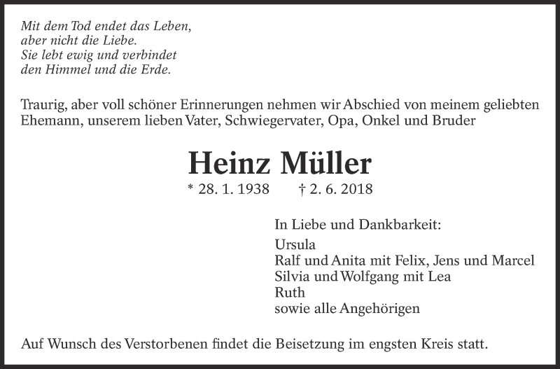  Traueranzeige für Heinz Müller vom 07.06.2018 aus Eßlinger Zeitung/Cannstatter Zeitung