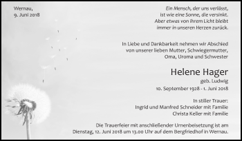 Traueranzeige von Helene Hager von Eßlinger Zeitung/Cannstatter Zeitung