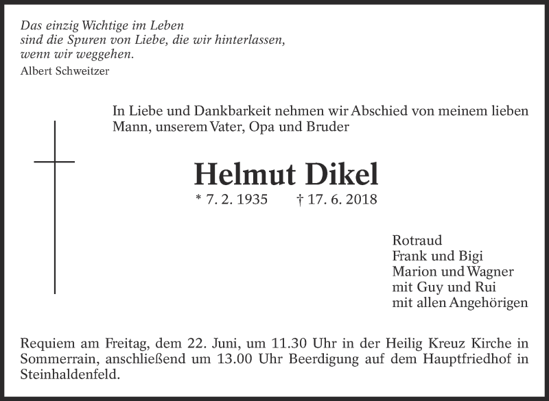 Traueranzeige für Helmut Dikel vom 19.06.2018 aus Eßlinger Zeitung/Cannstatter Zeitung