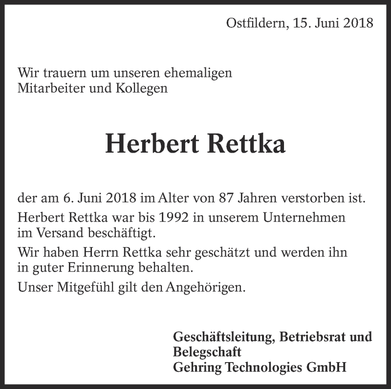  Traueranzeige für Herbert Rettka vom 27.06.2018 aus Eßlinger Zeitung/Cannstatter Zeitung