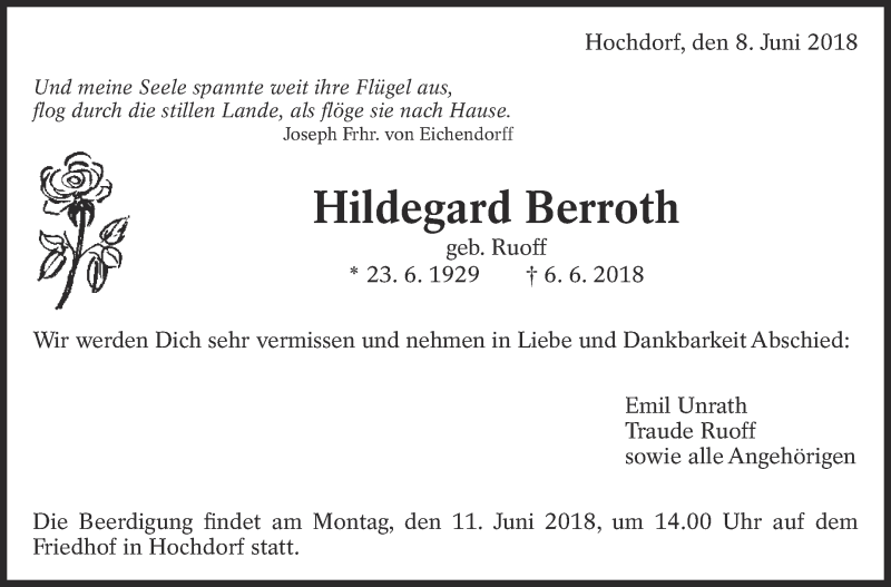  Traueranzeige für Hildegard Berroth vom 08.06.2018 aus Eßlinger Zeitung/Cannstatter Zeitung
