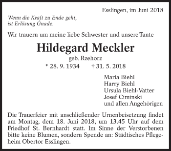 Traueranzeige von Hildegard Meckler von Eßlinger Zeitung/Cannstatter Zeitung