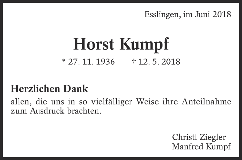  Traueranzeige für Horst Kumpf vom 07.06.2018 aus Eßlinger Zeitung/Cannstatter Zeitung