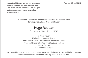 Traueranzeige von Hugo Reutter von Eßlinger Zeitung/Cannstatter Zeitung