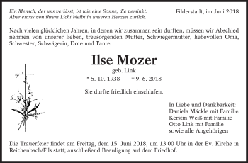 Traueranzeige von Ilse Mozer von Eßlinger Zeitung/Cannstatter Zeitung