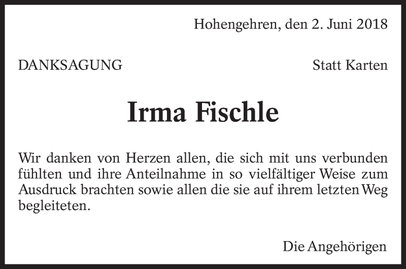  Traueranzeige für Irma Fischle vom 02.06.2018 aus Eßlinger Zeitung/Cannstatter Zeitung