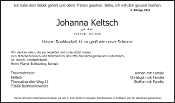 Traueranzeige von Johanna Keltsch von Eßlinger Zeitung/Cannstatter Zeitung