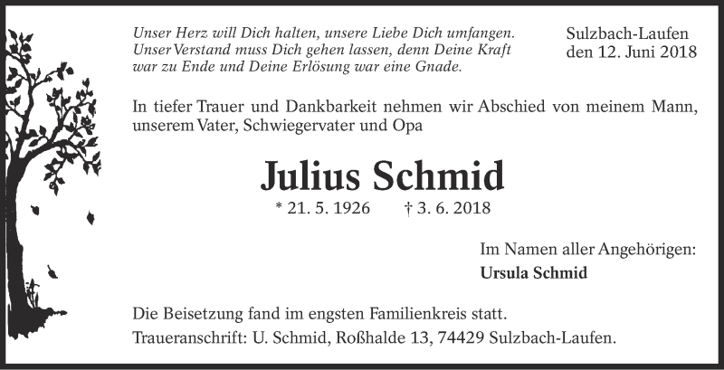  Traueranzeige für Julius Schmid vom 13.06.2018 aus Eßlinger Zeitung/Cannstatter Zeitung