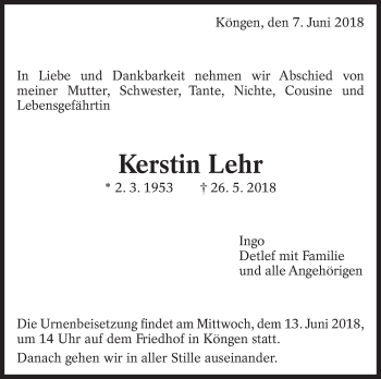 Traueranzeige von Kerstin Lehr von Eßlinger Zeitung/Cannstatter Zeitung