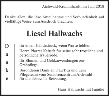 Traueranzeige von Liesel Hallwachs von Eßlinger Zeitung/Cannstatter Zeitung