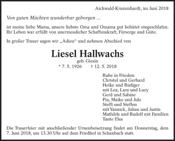 Traueranzeige von Liesel Hallwachs von Eßlinger Zeitung/Cannstatter Zeitung