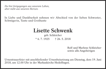 Traueranzeige von Lisette Schwenk von Eßlinger Zeitung/Cannstatter Zeitung