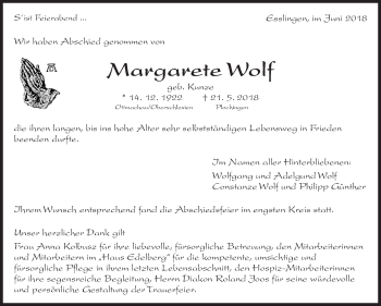 Traueranzeige von Margarete Wolf von Eßlinger Zeitung/Cannstatter Zeitung