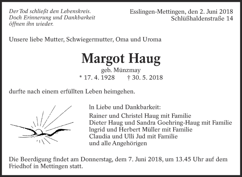  Traueranzeige für Margot Haug vom 02.06.2018 aus Eßlinger Zeitung/Cannstatter Zeitung