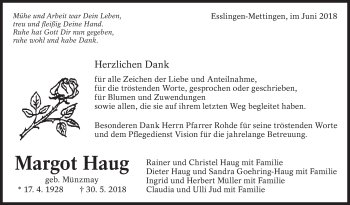 Traueranzeige von Margot Haug von Eßlinger Zeitung/Cannstatter Zeitung