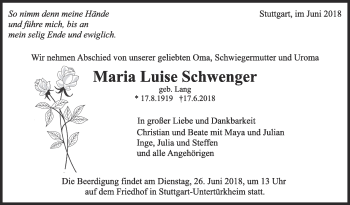Traueranzeige von Maria Luise Schwenger von Eßlinger Zeitung/Cannstatter Zeitung