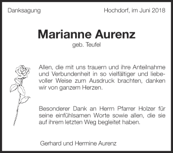 Traueranzeige von Marianne Aurenz von Eßlinger Zeitung/Cannstatter Zeitung