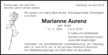 Traueranzeige von Marianne Aurenz von Eßlinger Zeitung/Cannstatter Zeitung