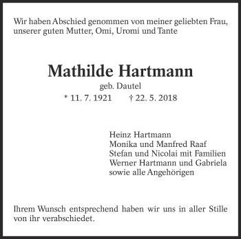 Traueranzeige von Mathilde Hartmann von Eßlinger Zeitung/Cannstatter Zeitung