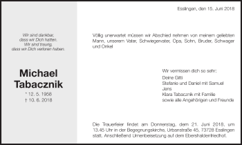Traueranzeige von Michael Tabacznik von Eßlinger Zeitung/Cannstatter Zeitung