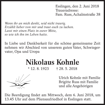 Traueranzeige von Nikolaus Kohnle von Eßlinger Zeitung/Cannstatter Zeitung