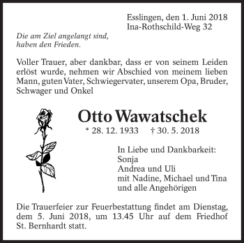 Traueranzeige von Otto Wawatschek von Eßlinger Zeitung/Cannstatter Zeitung