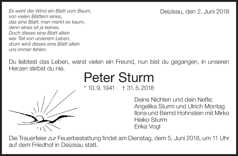  Traueranzeige für Peter Sturm vom 02.06.2018 aus Eßlinger Zeitung/Cannstatter Zeitung
