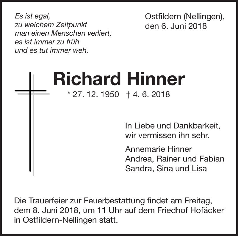  Traueranzeige für Richard Hinner vom 06.06.2018 aus Eßlinger Zeitung/Cannstatter Zeitung