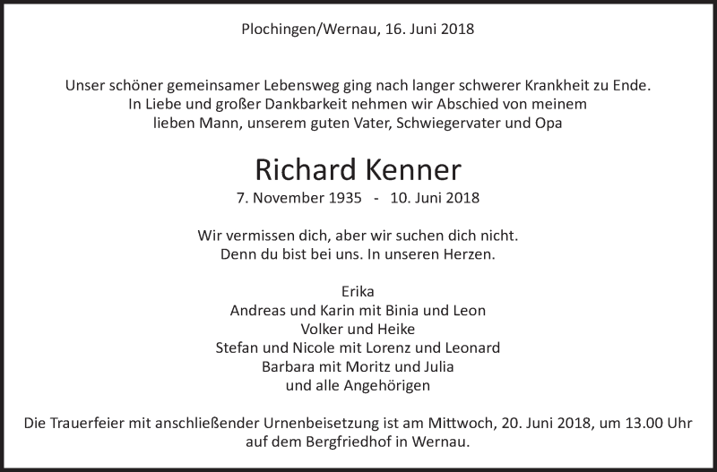  Traueranzeige für Richard Kenner vom 16.06.2018 aus Eßlinger Zeitung/Cannstatter Zeitung