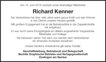 Traueranzeige von Richard Kenner von Eßlinger Zeitung/Cannstatter Zeitung