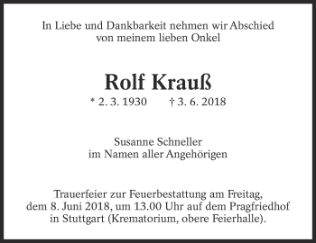 Traueranzeige von Rolf Krauß von Eßlinger Zeitung/Cannstatter Zeitung
