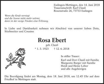 Traueranzeige von Rosa Ebert von Eßlinger Zeitung/Cannstatter Zeitung