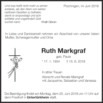 Traueranzeige von Ruth Markgraf von Eßlinger Zeitung/Cannstatter Zeitung