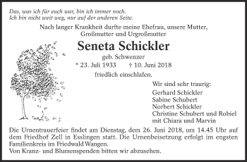 Traueranzeige von Seneta Schickler von Eßlinger Zeitung/Cannstatter Zeitung