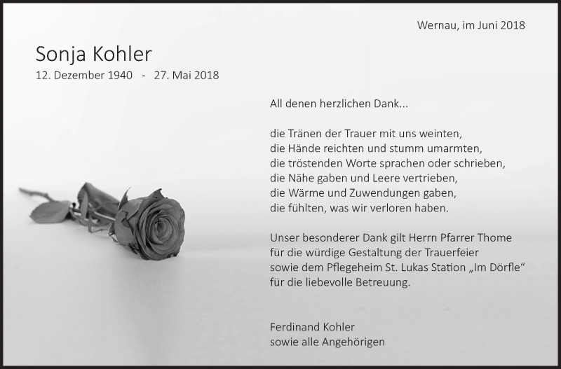  Traueranzeige für Sonja Kohler vom 30.06.2018 aus Eßlinger Zeitung/Cannstatter Zeitung