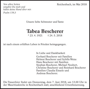 Traueranzeige von Tabea Bescherer von Eßlinger Zeitung/Cannstatter Zeitung