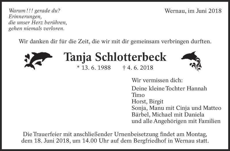 Traueranzeige für Tanja Schlotterbeck vom 14.06.2018 aus Eßlinger Zeitung/Cannstatter Zeitung