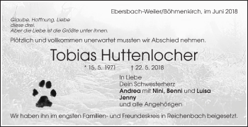 Traueranzeige von Tobias Huttenlocher von Eßlinger Zeitung/Cannstatter Zeitung