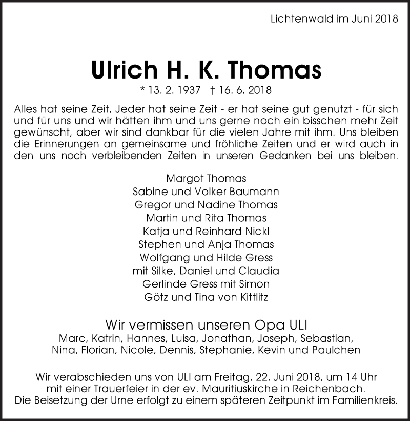  Traueranzeige für Ulrich H. K. Thomas vom 20.06.2018 aus Eßlinger Zeitung/Cannstatter Zeitung