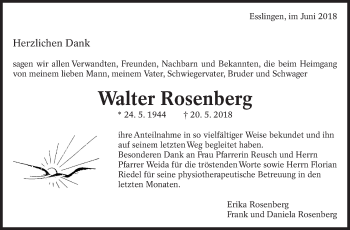 Traueranzeige von Walter Rosenberg von Eßlinger Zeitung/Cannstatter Zeitung