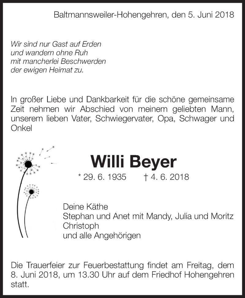  Traueranzeige für Willi Beyer vom 05.06.2018 aus Eßlinger Zeitung/Cannstatter Zeitung