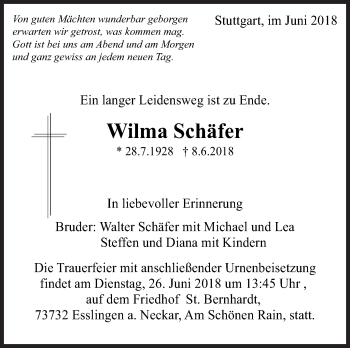 Traueranzeige von Wilma Schäfer von Eßlinger Zeitung/Cannstatter Zeitung