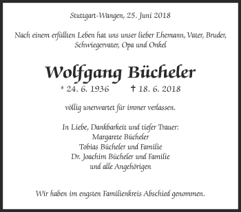 Traueranzeige von Wolfgang Bücheler von Eßlinger Zeitung/Cannstatter Zeitung