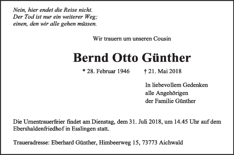  Traueranzeige für Bernd Otto Günther vom 28.07.2018 aus Eßlinger Zeitung/Cannstatter Zeitung