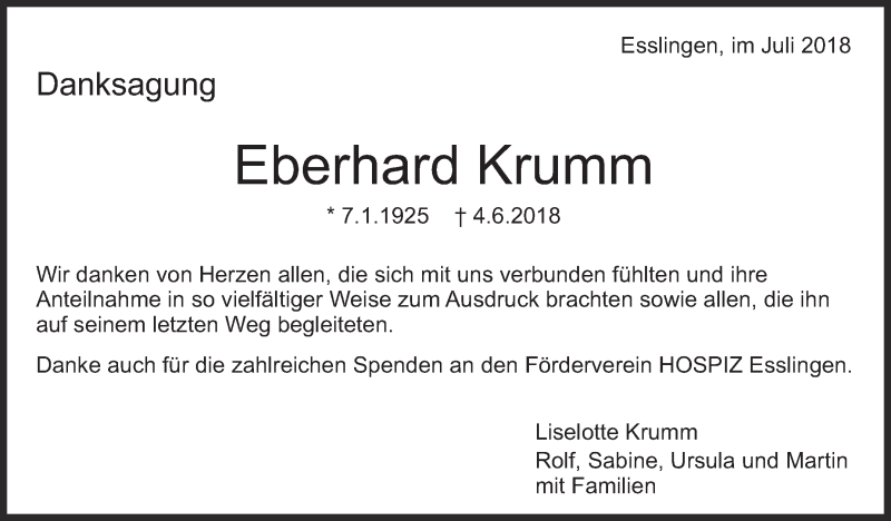  Traueranzeige für Eberhard Krumm vom 14.07.2018 aus Eßlinger Zeitung/Cannstatter Zeitung
