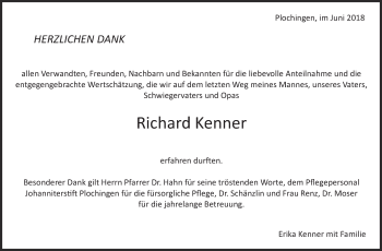Traueranzeige von Richard Kenner von Eßlinger Zeitung/Cannstatter Zeitung